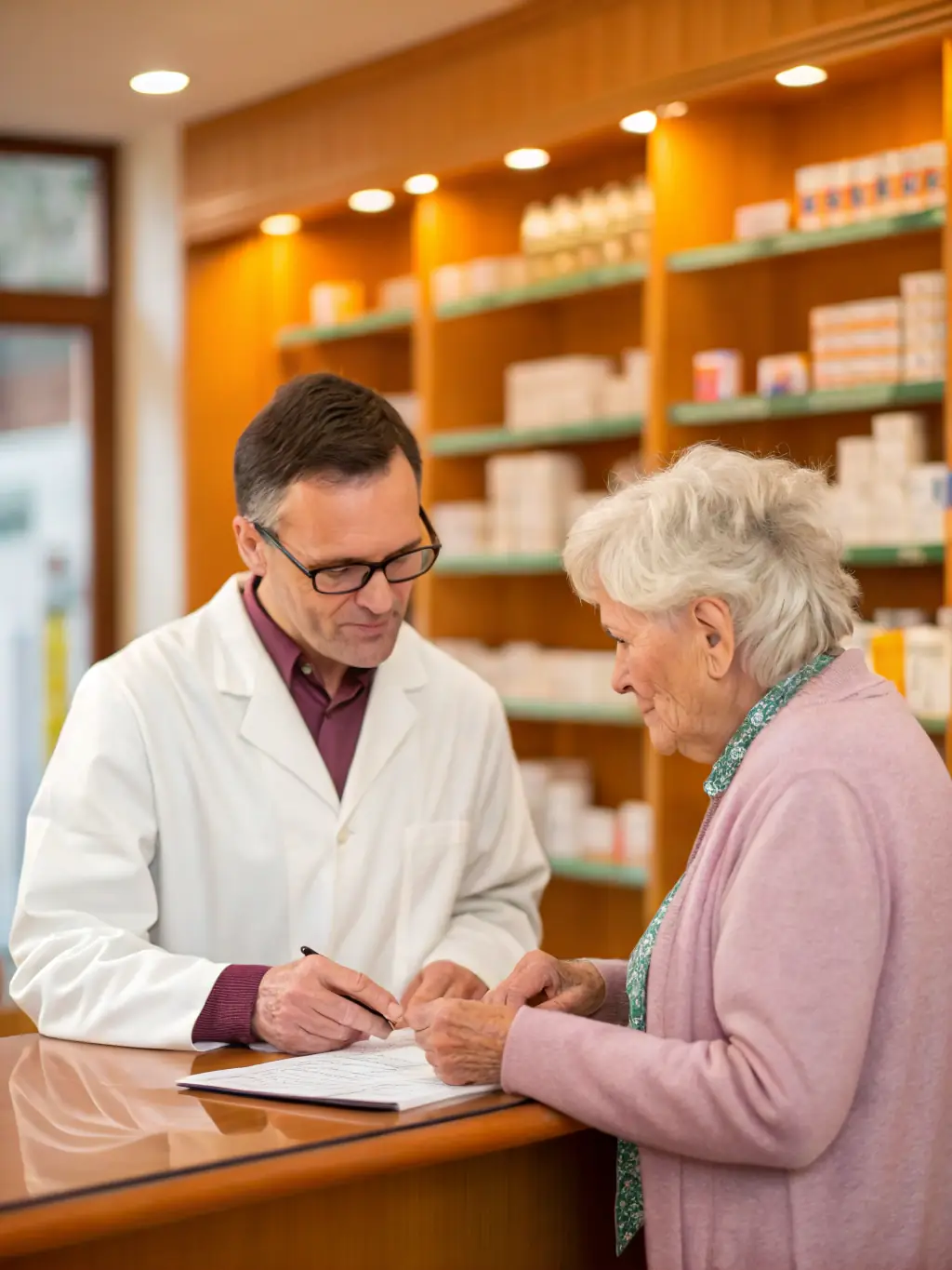 A compassionate pharmacist explaining medication instructions to a patient with a rare disease, emphasizing the pharmacy's commitment to personalized care and support.