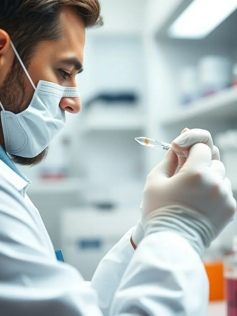 A close-up shot of a pharmacist compounding a sterile medication in a cleanroom environment, emphasizing precision and expertise in handling complex medications for immunology patients.